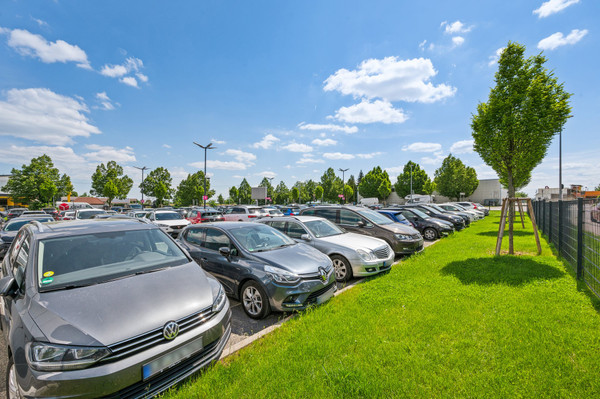 Gepflegte Grünflächen am Rande des mit Autos gefülltem Parkplatz von Easy Airport Parking am Flughafen Stuttgart (STR)